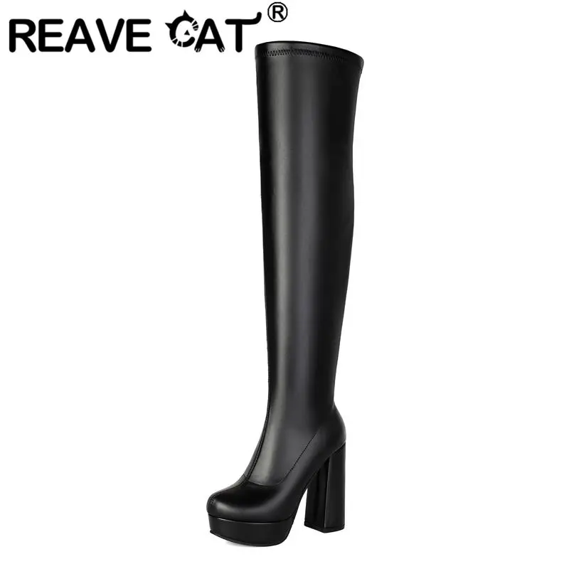 REAVE CAT Женские черные ботфорты с круглым носком, каблук 12 см, платформа 3,2 см, молния, большие размеры 46, 47, 48, сексуальные ботфорты выше колена.