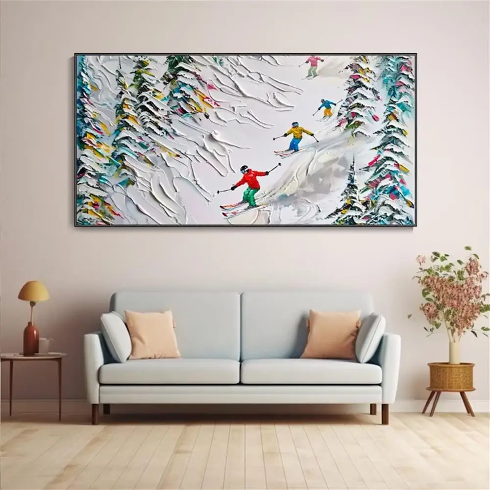 

Abstract White 3D Wabi-Sabi Snow Texture Oil Painting Skier on Snow Landscape Hand Knife Painting Works of Home Wall Art Decor