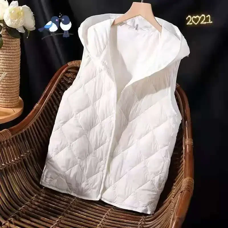 

2023 New White Down Cotton Vest Jacket Women Hooded Sleeveless Padded Vest Outer Wear Autumn Winter Vests Female Waistcoat Coat