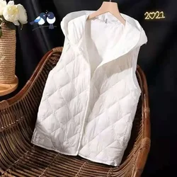 2023 New White Down Cotton Vest Jacket Women Hooded Sleeveless Padded Vest Outer Wear Autumn Winter Vests Female Waistcoat Coat