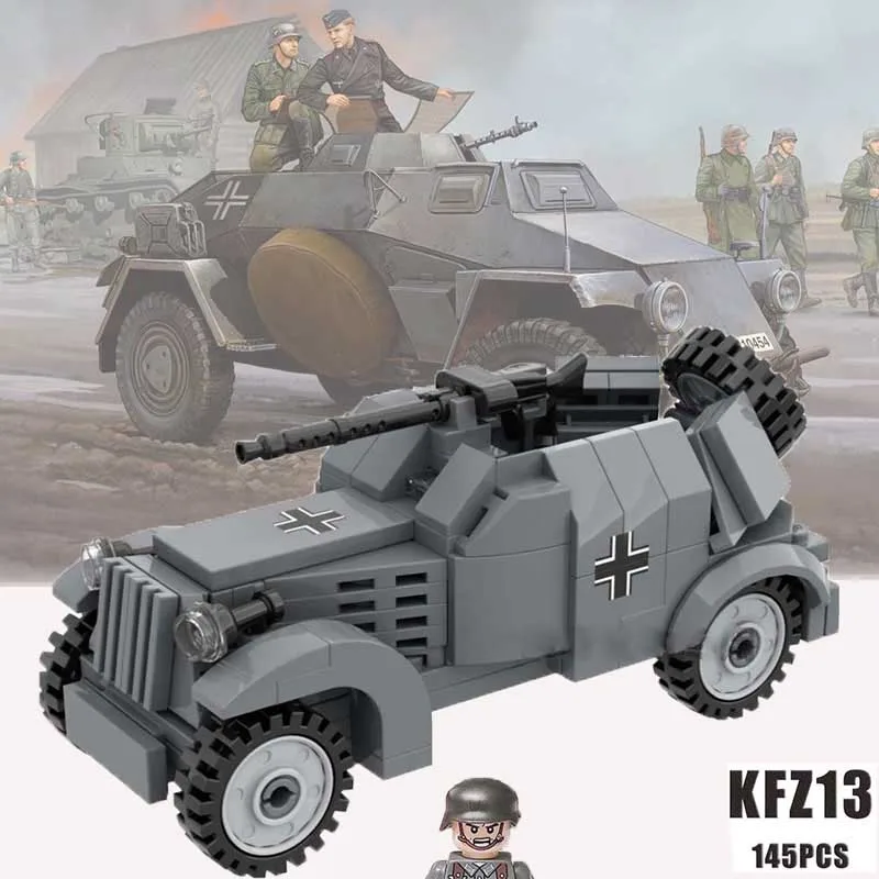 

MOC Military German Wheeled Armor Cannon Car Building Block Figures WW2 Tank Soldier Army War Weapon Model Bricks Child Gift Toy