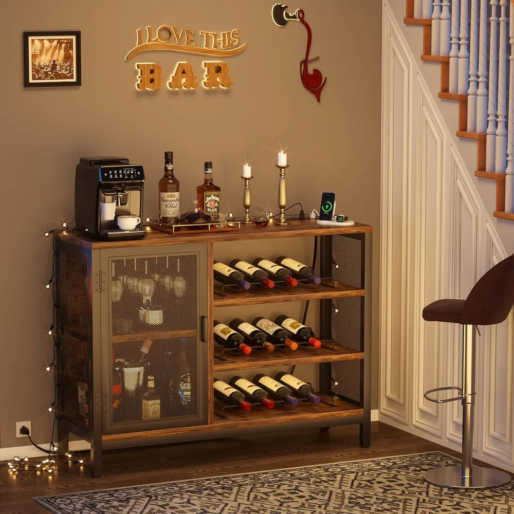 Armoire de bar à vin avec prises de courant, pour français ou verres, armoire de bar de ferme avec casiers à vin perfecemballages, marron rustique