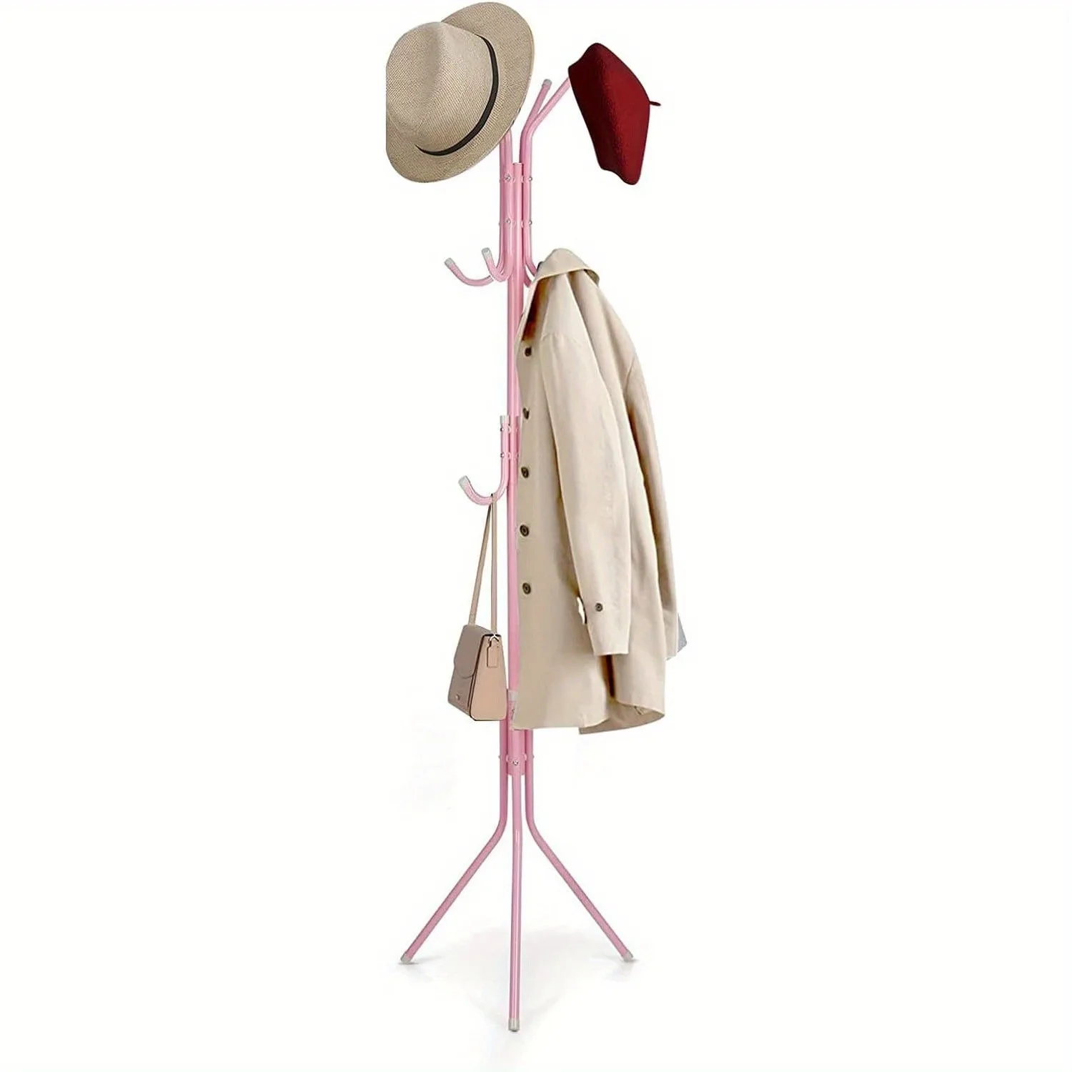 Pink Coat Rack Floor Standing Metal Clothes Rack with 12 Hooks Clothes Hanger 3 Tier Freestanding Storage Rack for Hats Handbags