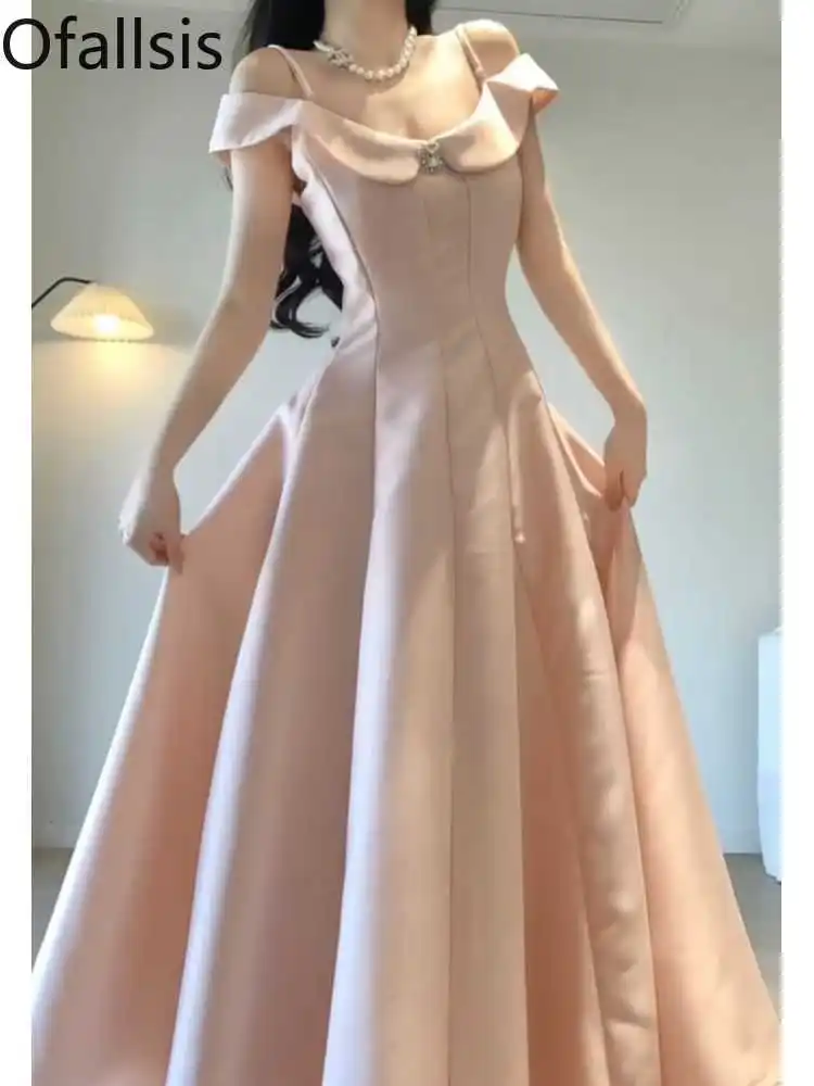 Ofallsis Pink High End One Shoulder Waist Wrapped Dress Female 2024 Summer New Sweet Fairy Slim Evening Dresses Female Vestidos