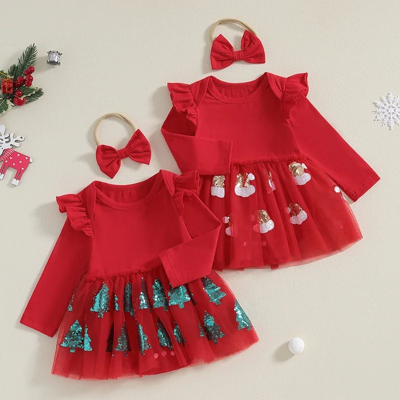 

Baby Girls Rompers Dress Christmas Clothes Sequins Christmas Tree/Santa Hat Layered Tulle Long Sleeve Bodysuits with Headband