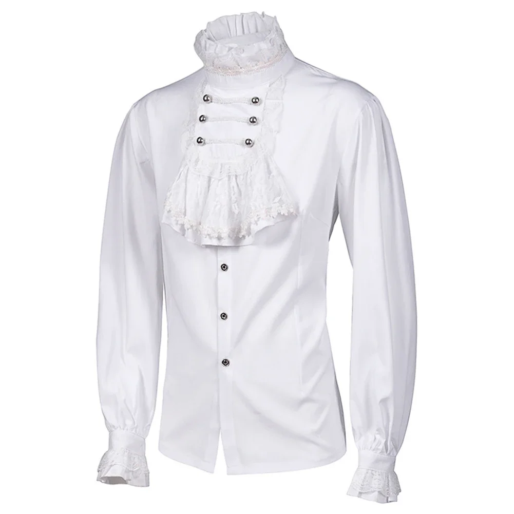 2024 Men's Gothic White Shirts And Blouses Tops Retro Victorian Medieval Lace Ruffles Stand Collar Puff Sleeve Shirt Clothing