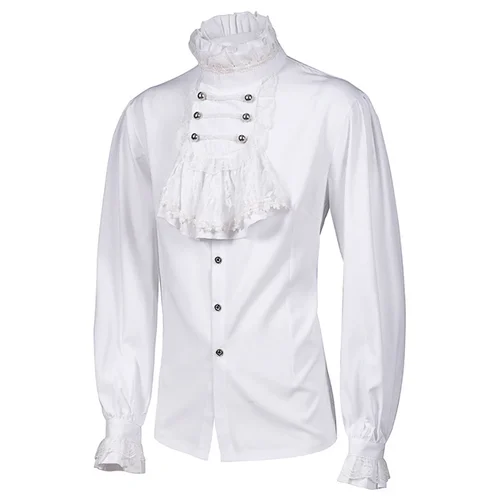 Camisas y blusas góticas blancas para hombre, Tops Retro victoriano Medieval de encaje con volantes y cuello levantado, camisa de manga abombada, 2024