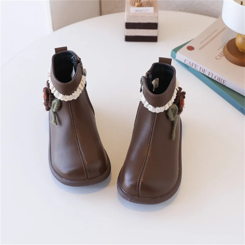 2025 New Autumn Children Boots Leather Lace Flower Princess Girls Shoes Soft Sole Fashion Kids Ankle Boots Eu 26-37