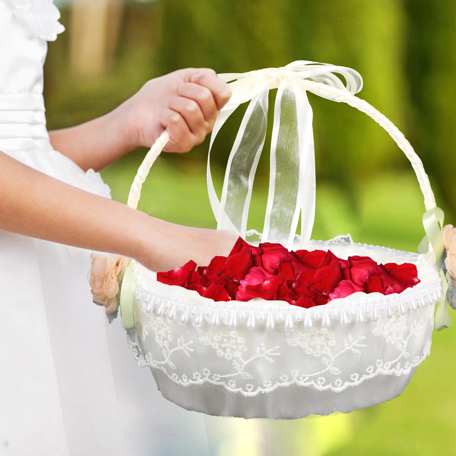 

Flower Girl Wedding Petal Storage Basket Lace Satin Gift Basket For Bridal Shower Party Decor Rustic Beach Wedding