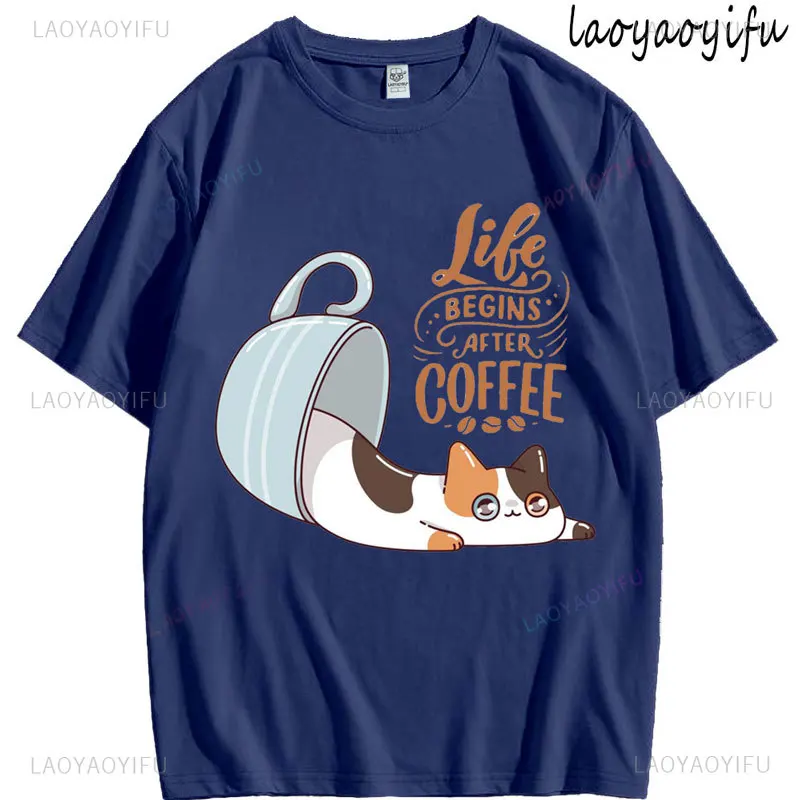

100%Cotton I Like Cats and Coffee Casual Fashion Men Women Tee Clothes Short Sleeve Loose O-Neck Soft Tops Summer Casual T-Shirt