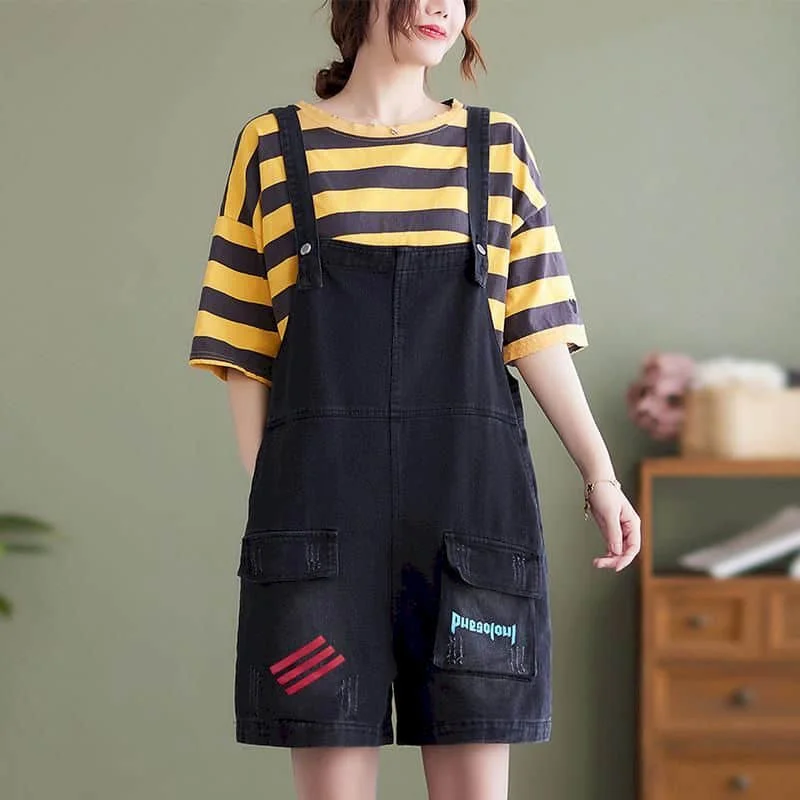 Denim Jumpsuits Women Vintage Korean Style One Piece Outfit Casual Cropped Rompers Solid Wide Leg Jeans Summer Women Clothing