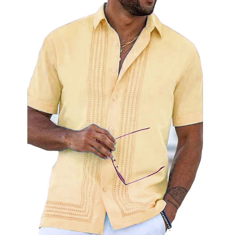 

Men's New Ethnic Style LineN Hawaiian Men's Shirts Casual T-shirts Fashion Trend Pink Women's Button Short Sleeve Shirts Plus