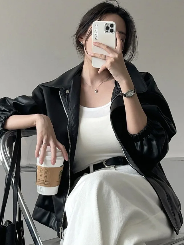 Retro High-End Feel PU Leather Jaet Women's Chic Loose Versatile Elegance Bla Leather Coat ort Sle for Teens