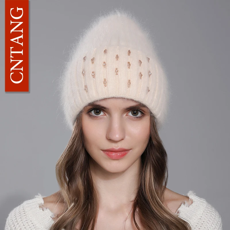 CNTANG Czapka zimowa dla kobiet Ciepłe dzianinowe czapki z futra królika Angora Moda z koralikami Czapki damskie Wysokiej jakości luksusowa czapka na co dzień