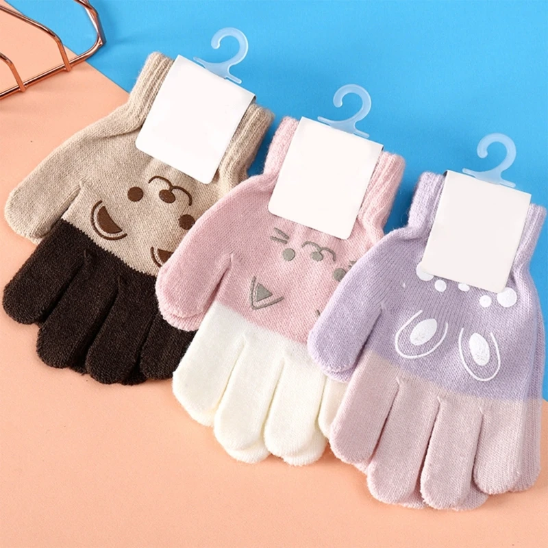 2022 Winter Korean Style Kids Knitted Gloves Cartoon Bear Printed Full Finger Gloves for 4 5 6 7 8 Year Old Children Accessories