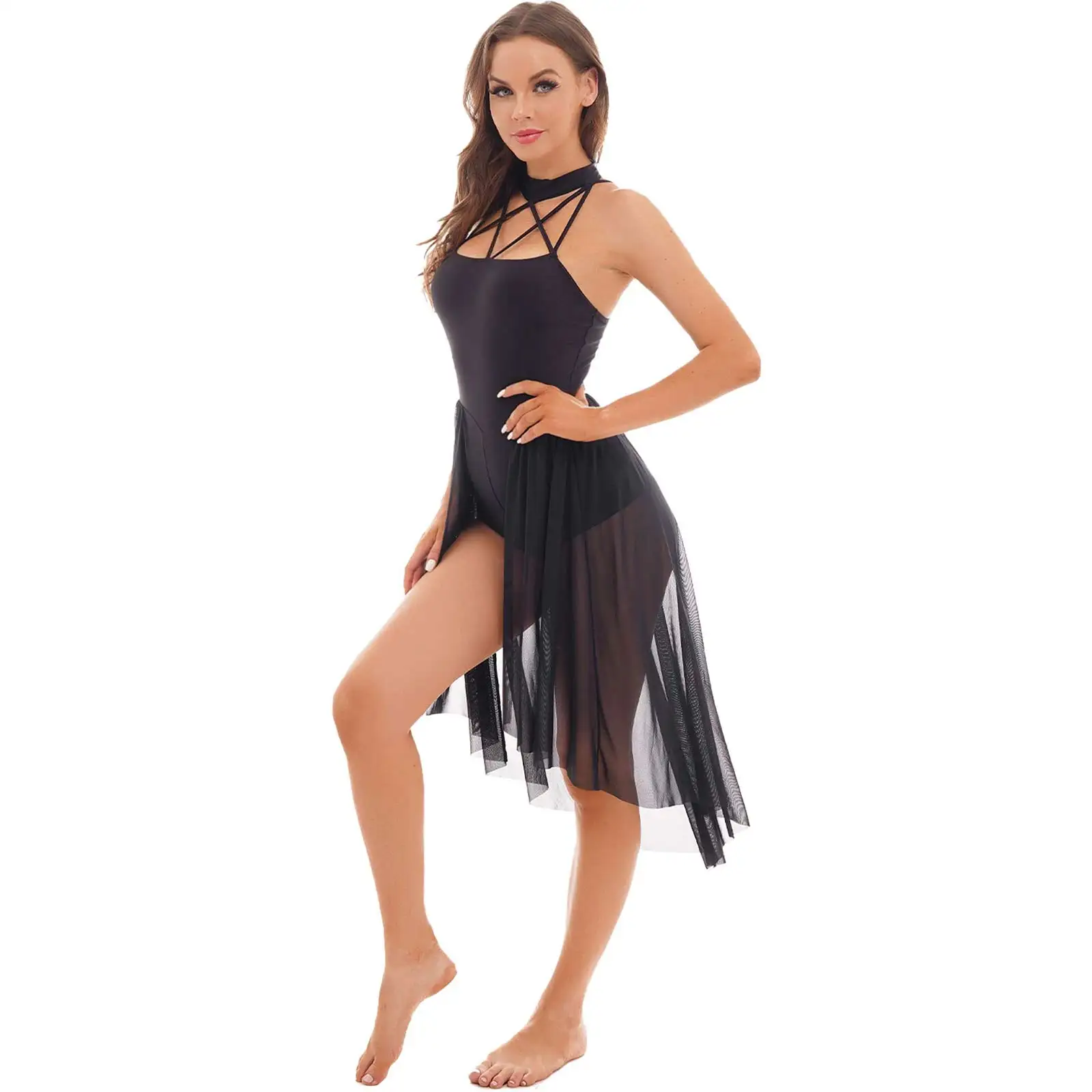 Feminino vestido de dança lírica sem mangas malha rodapé ballet dança collant vestido adultos moderno trajes contemporâneos latina dancewear