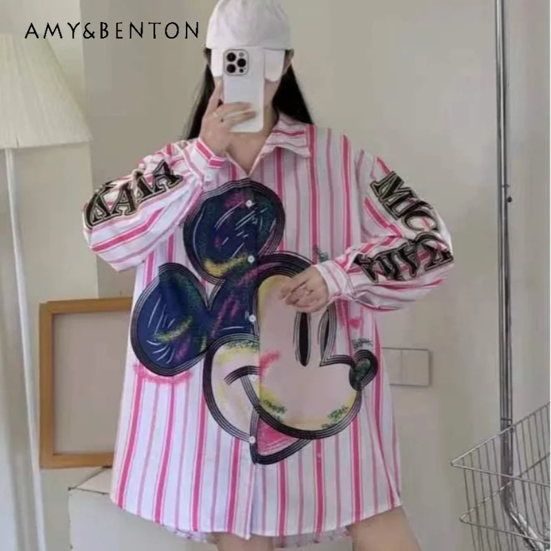 

European Style 2024 Autumn New Striped Cartoon Printed Shirt Women's Design Loose Mid-Length Shirt Fashion Brand Cute Top Blusas