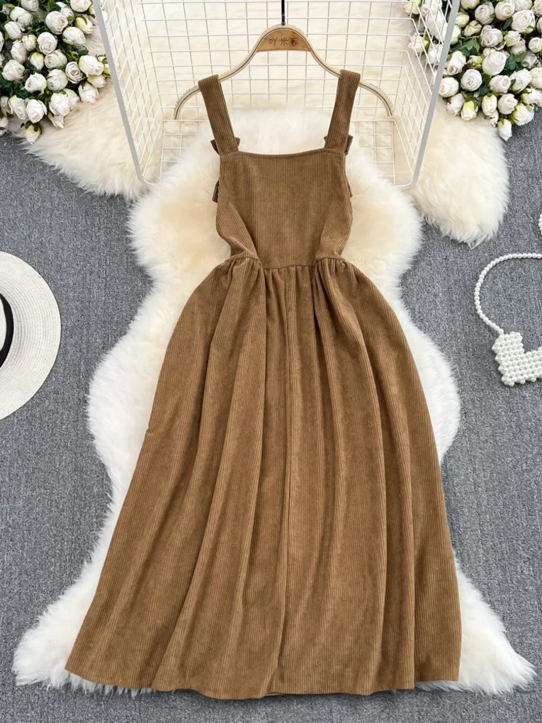 Foamlina Casual Women Corduroy Dress New Spring Autumn Spaghetti Strap Sleeveless Loose Waist A-line Midi Vintage Female Dress