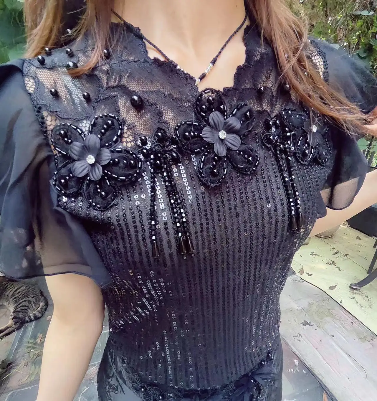 Handmade Beaded Crystal 3D Flower Tassel Full body Sequin Flying Sleeves Lace Blouse Shirt For Women 2024 Summer Tops Blusas