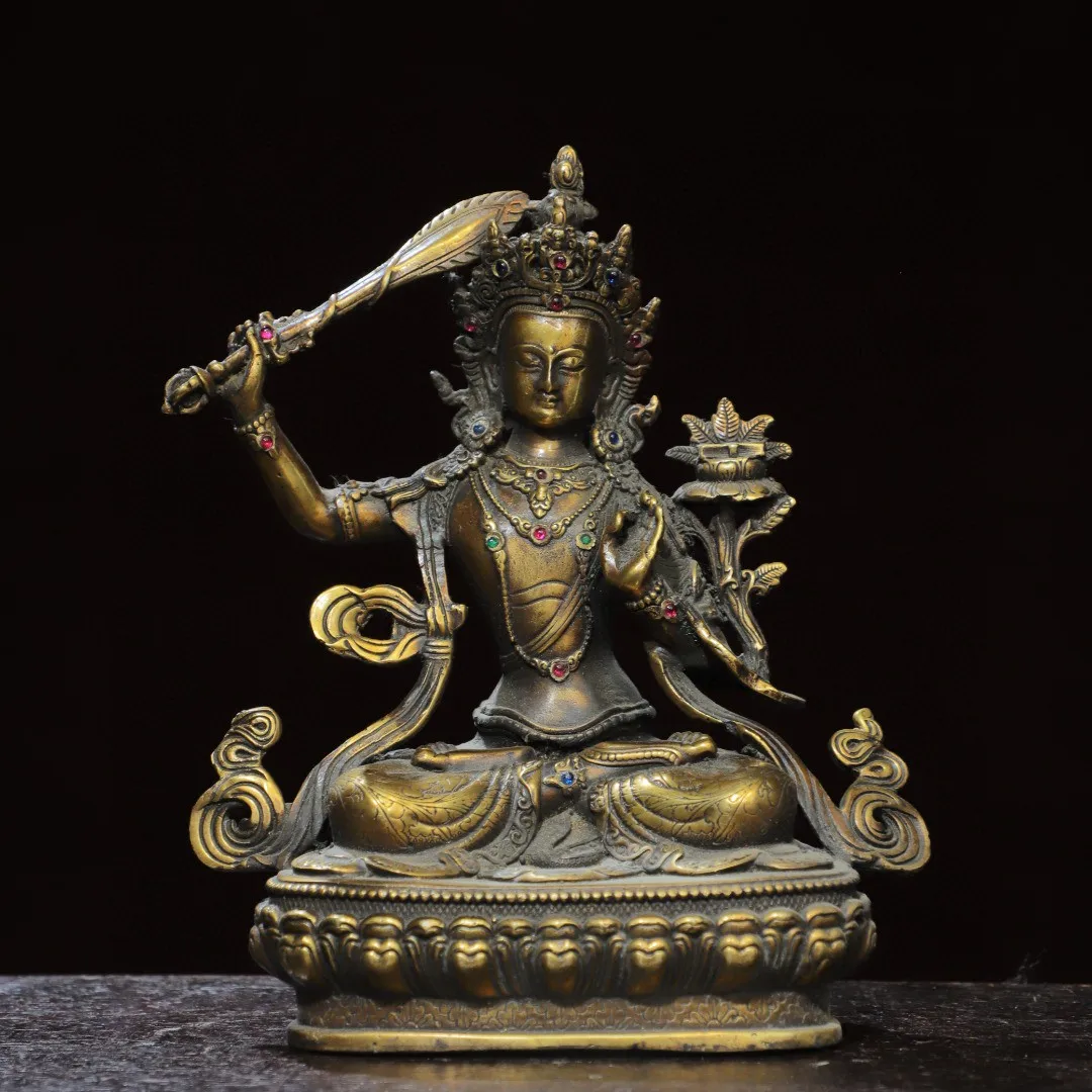 Tibetan old bronze ware Brass inlaid with gemstones Guanyin Bodhisattva Manjushri Tara ornament Home Buddhist Hall Supplies Smal