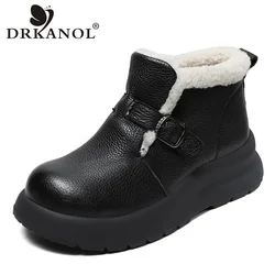 DRKANOL stivali da neve da donna 100% vera pelle di mucca Slip On Chunky Platform zeppe stivaletti con tacco per le donne scarpe calde invernali