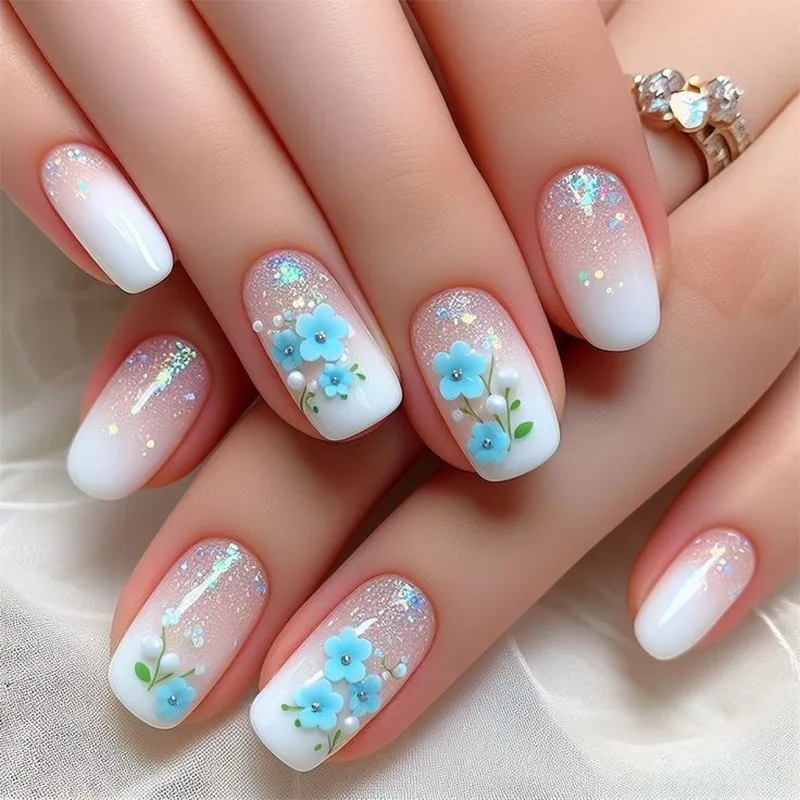

24Pcs Short Square Press on Nails Pink White Gradient Shiny Powder Sequin Design False Nails 3D Flower Wearable Fake Nails Tips
