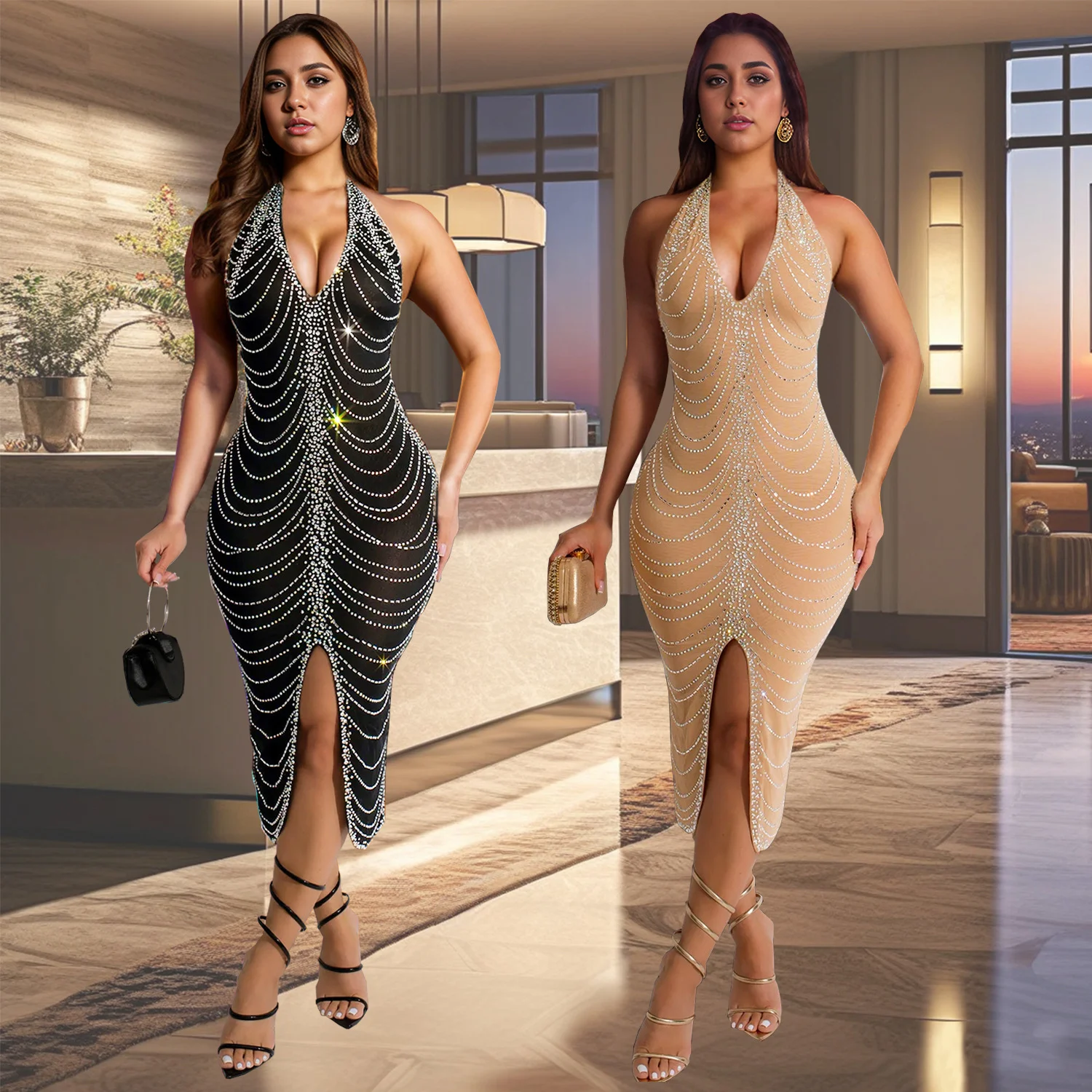 

Hot Diamond Slim Fit Halterneck Sexy Hip-Hugging Long Skirt Dress