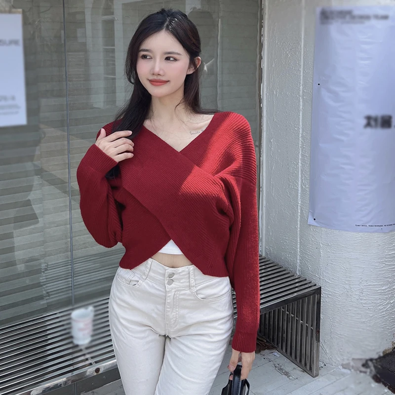 Autumn Winter Knitwear Tops Women Pullover Cross Asymmetric Sweaters Female Long Sleeve Skinny Casual V-neck Knitted Sexy Top