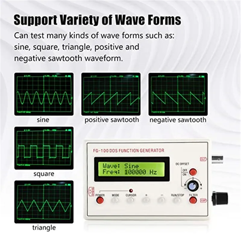 FG-100 DC 3.7-10V DDS Signal Generator LCD Display 1Hz-500KHz Functional Sine Triangle Square Frequency Sawtooth Wave Waveform