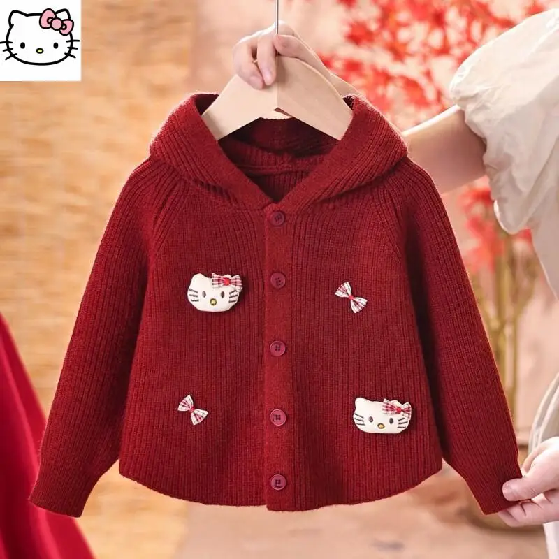 

Популярное пальто Sanrio для девочек, свитер Hello Kitty Kawaii, модная зимняя повседневная студенческая теплая толстовка с пуговицами, вязаный рождественский подарок