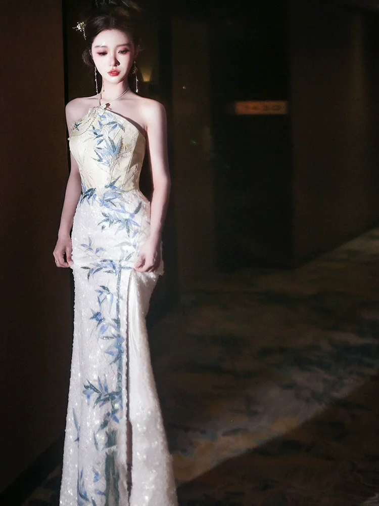 ملابس الزفاف نخب مثير مزاجه فستان طويل معلق الرقبة جديد النمط الصيني الصباح ثوب طباعة خمر شيونغسام #4