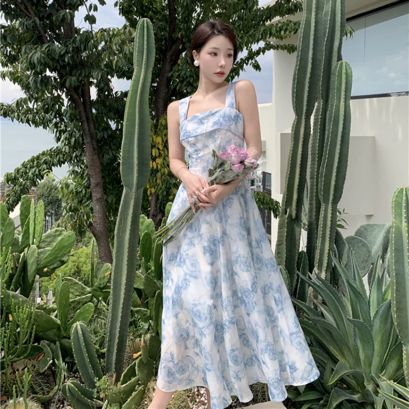 Summer Seaside Vacation Dress Blue Mist Rose French Style Print Sleeveless Dress Women's Square Neck Tea Break Big Swing Skirt