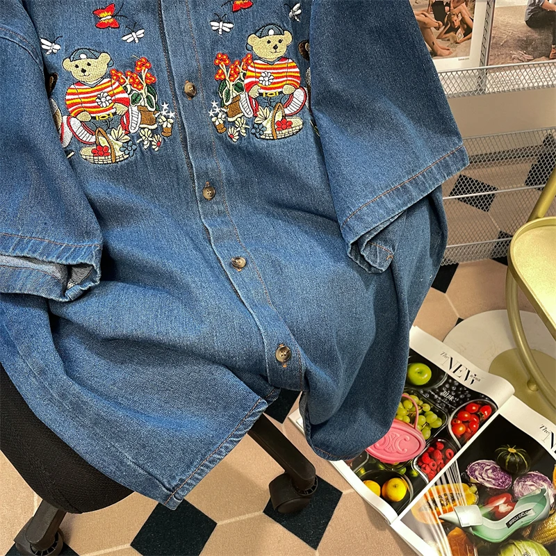 Blue Bear Embroidery Patchwork Denim Blouse Women Short Sleeve Japanese Shirts 2022 Summer Korean Tops Female Clothes Harajuku
