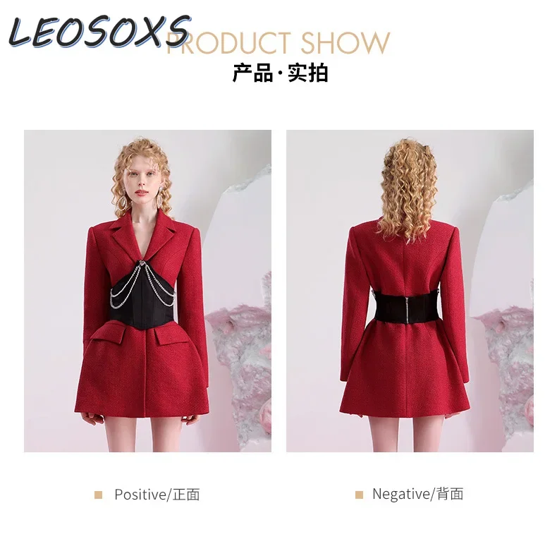 LEOSOXS vestito rosso vestito da donna 2024 inverno nuova catena sigillo in vita temperamento professionale vestito da pendolare riunione annuale