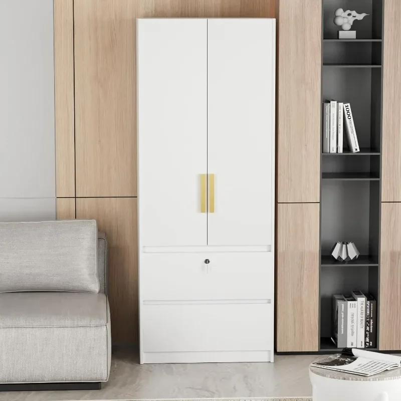 Bedroom Drawer, Large Freestanding Armoire Shelves, Closet Organizers and Storage with Hanging Rod, White, 2 Doors Wardrobe