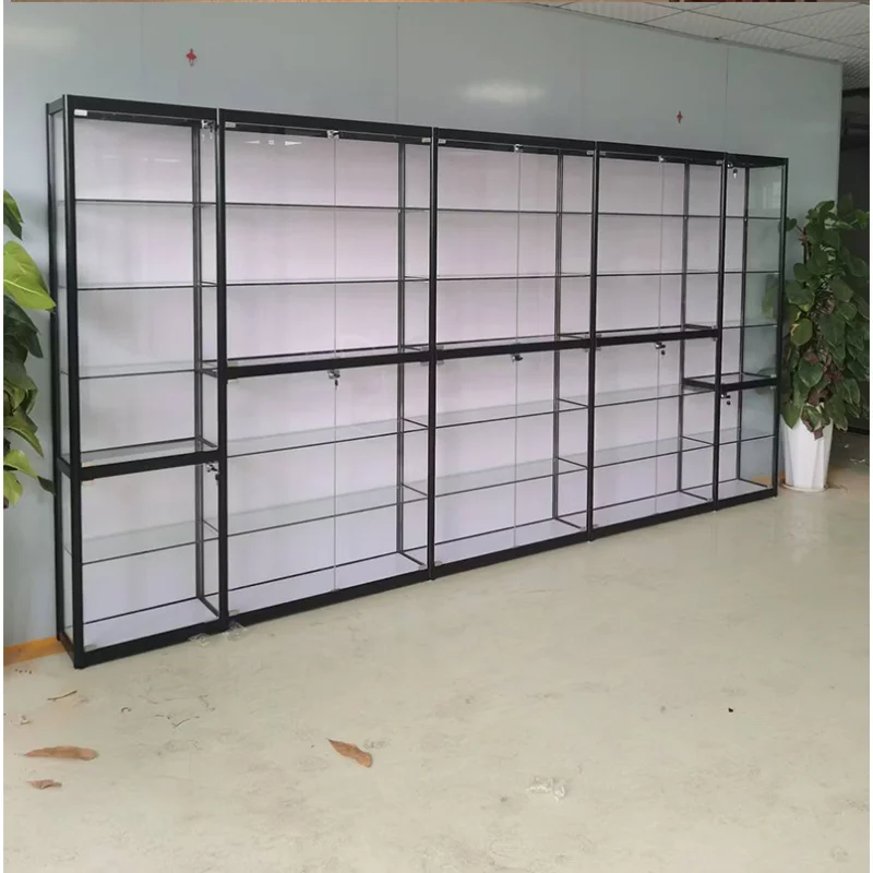 custom.Large Capacity Glass Cabinets Durable Vitrine Glass Showcase with Colorful Led Light Full Size Glass Shelves Smoke Store