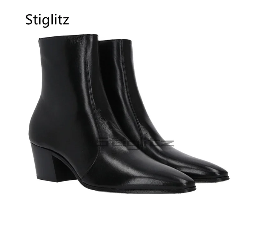 

High Heels Men's Ankle Boots Black Pointed Toe Zip Genuine Leather Chelsea Boots British Style Luxury Business Wedding Shoes