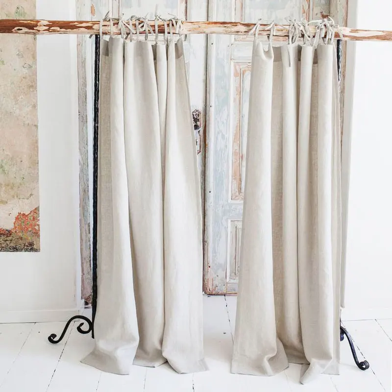 Tie Top Linen Curtains for Living Room Decoration, 100% Linen, Half Blackout, Bedroom, Kitchen, Organza