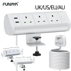 Table Power Clip Sockets 13A 3 Outlets 2 USB US/EU/UK/AU AC110V 220V 3200W with Extension Cord Alloy White Power Desk Socket