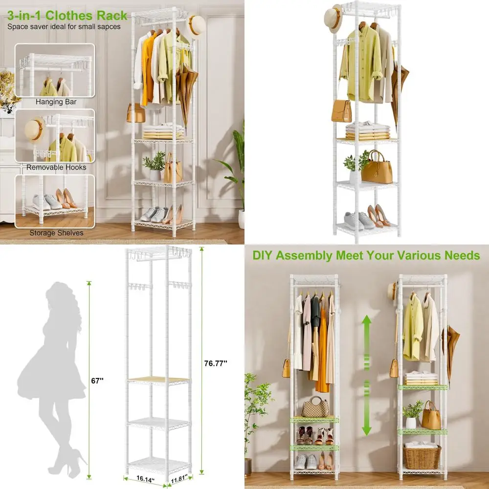 

Прочная напольная вешалка для одежды с полками для хранения, идеально подходит для прихожей, коридора или спальни, выдерживает до 200 кг, белая