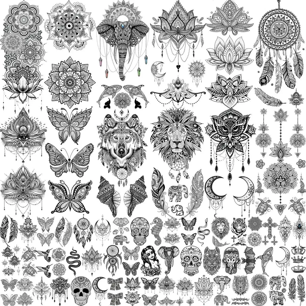 64 Sheets Black Henna Temporary Tattoos For Women Arm Neck Arm Mandala Flower Tattoo Fake Dreamcatcher Lion Wolf Tatoos Bracelet