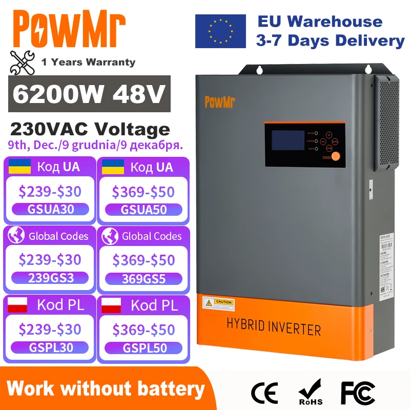 PowMr 6.2KW Hybrid Solar Inverter 48V 220V Off grid Inverter With MPPT 120A Charger Work Without Battery Parallel Up to 12 Units