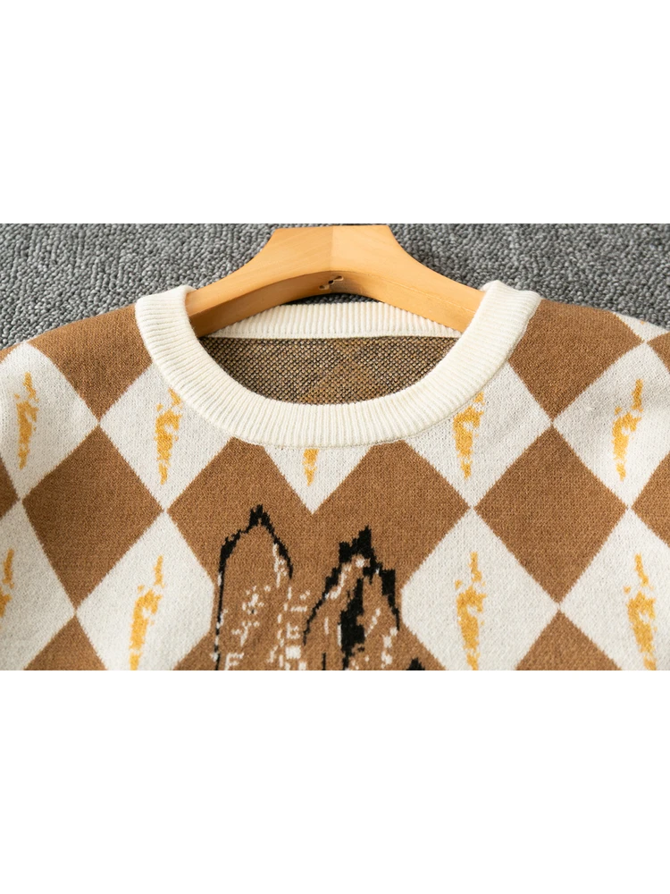 Wygodny koreański sweter z okrągłym dekoltem, z nadrukiem, łatwy w noszeniu, ciepły wełniany top dla kobiet, modny i uniwersalny.