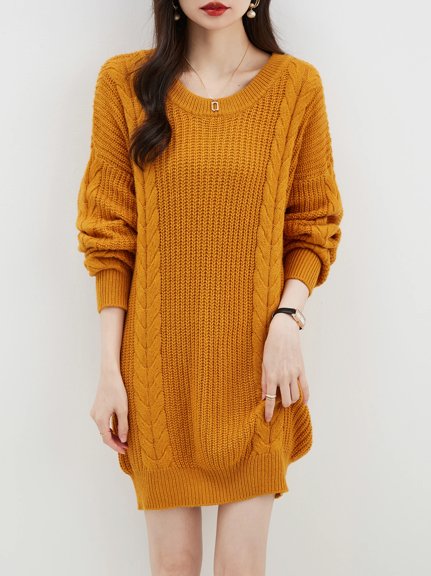 EU Size Sweater Women\'s 2023 Oversized Fall Winter Warm Crewneck Long Sleeve Knit Cable Long Pullover Fashion Wool Sweater Dress