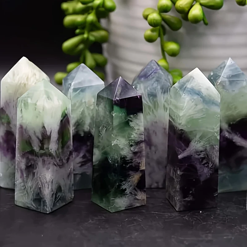 1pc Assorted Variety Rainbow Fluorite Tower,Natural Feather Fluorite Crystal Obelisk Carving Office DecorAnd Home Decor, Gift
