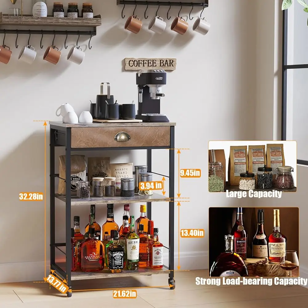 Coffee Bar Cart With Storage, 3-Tier Coffee Table With Drawer For Home Buffets & Sideboards,Coffee Station Corner Table With