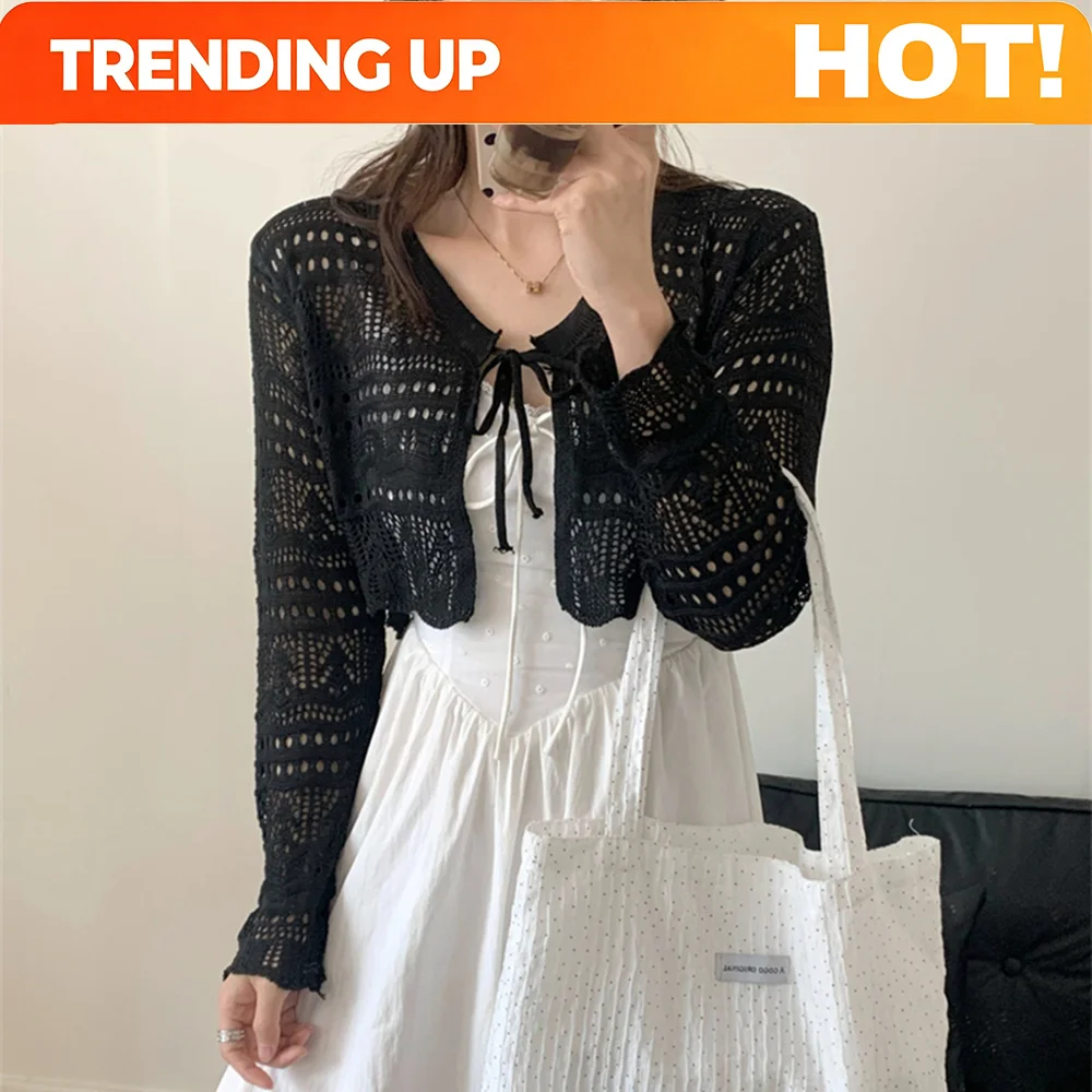 Customization Tie Front Crop Cardigan Long Sleeve Pointelle Knit Openwork Shrug Jacket Women Teen-girl Spring Summer Fairycore O