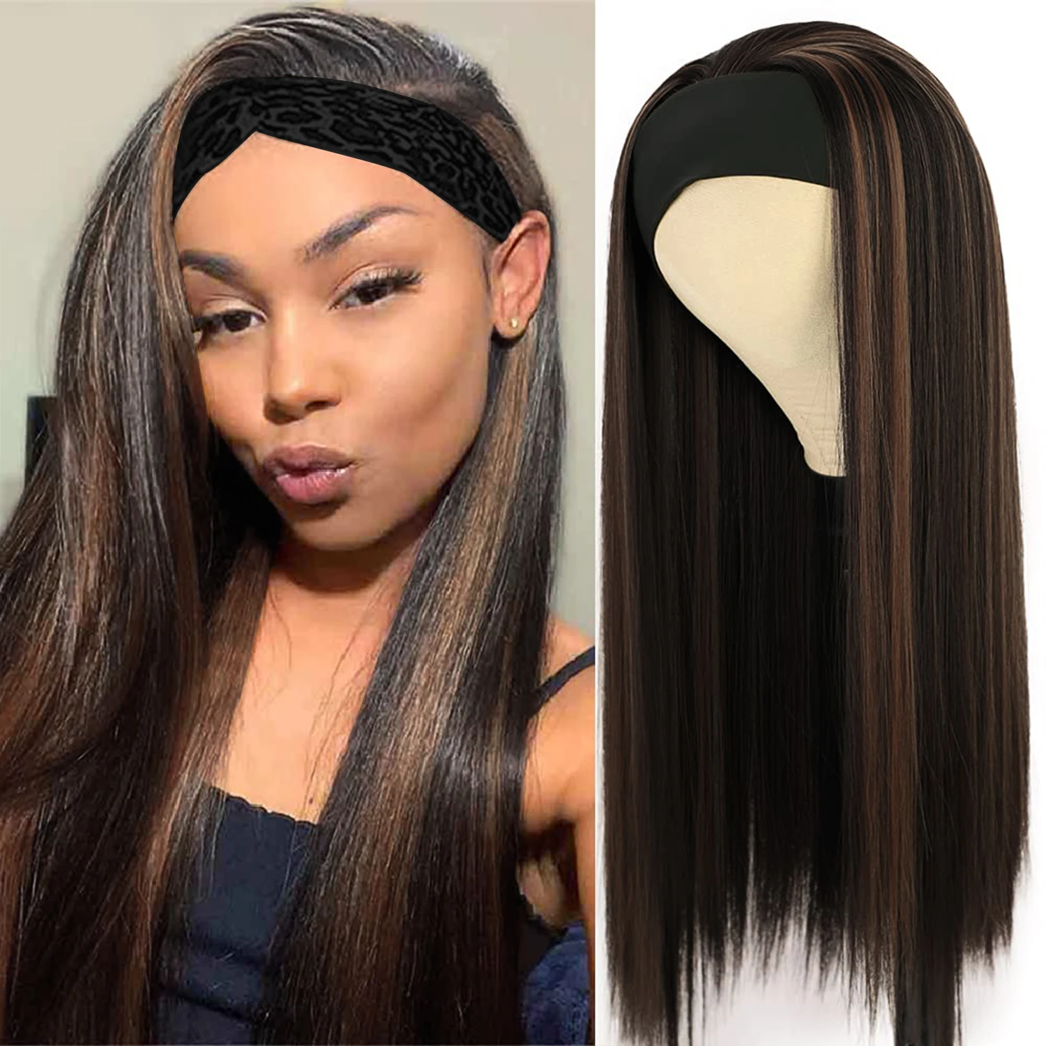 Headband Wig Synthetic Wig for Women Black/Brown Long Straight  Premium Synthetic Natural Glueless None Lace Front Wigs