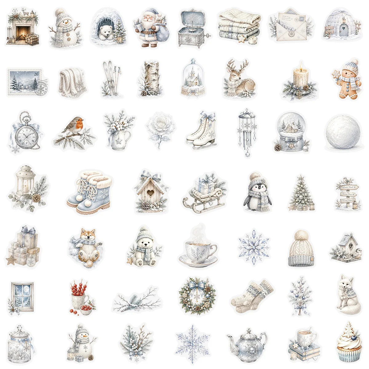 50 PCS Dreamy Winter Snow Scene Exquisite White Stickers Decorate Hand Account Luggage Thermos Cup Waterproof Transparent Decals