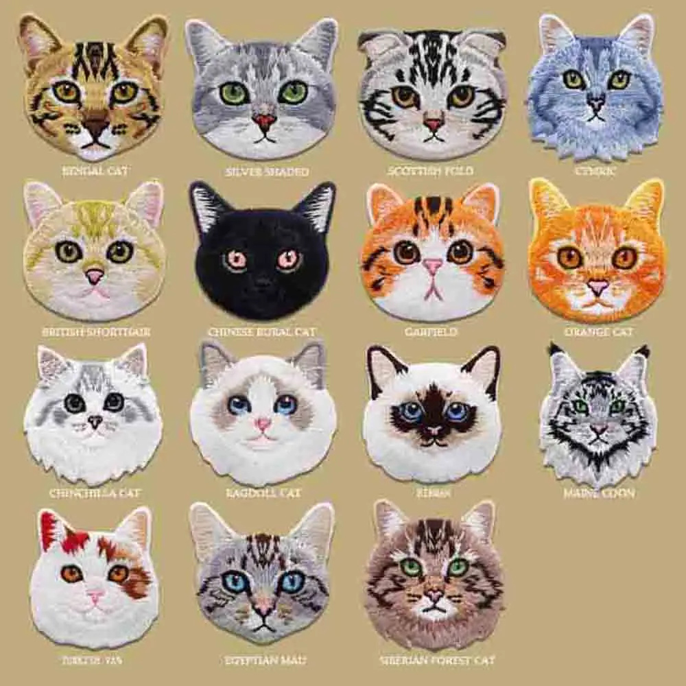 1 Piece Embroidery Cat Head Iron on Patches Cartoon Animal 4-4.5 CM Applique DIY Decoration Repair Clothing Bags Back Adhesive